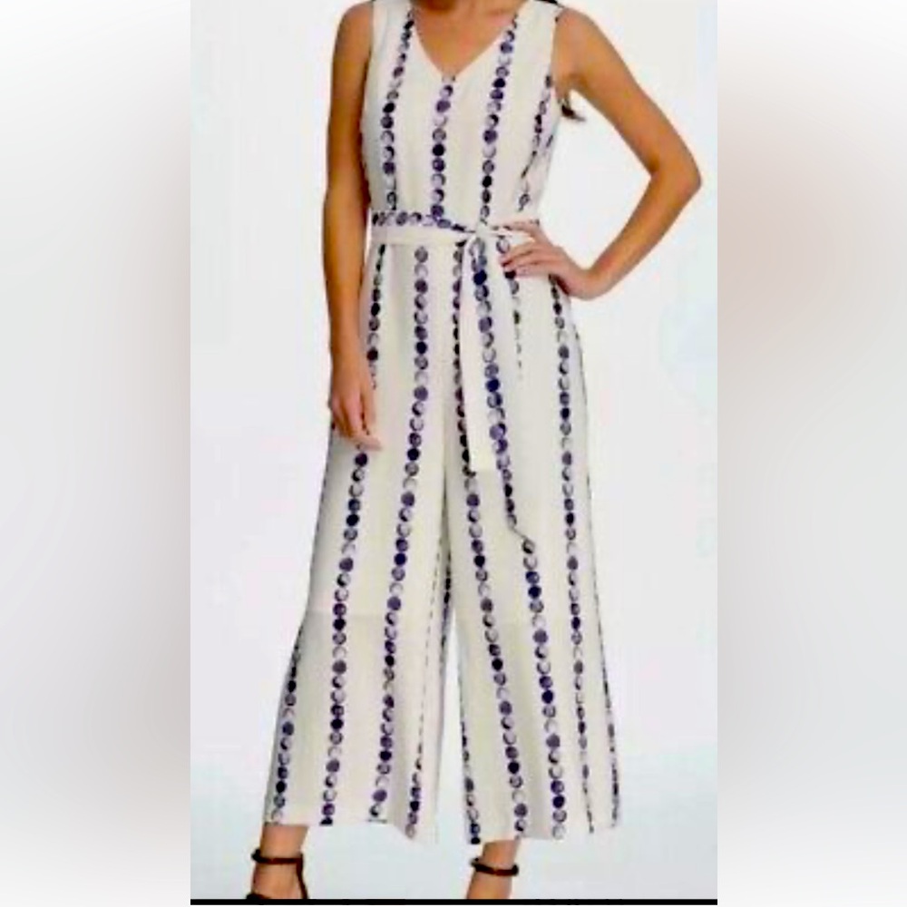 Elegant Cream and Blue Patterned Jumpsuit